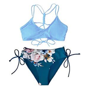 6.🆕Large Cupshe Braided Back Bikini Top with Floral Reversible Bottom NWT